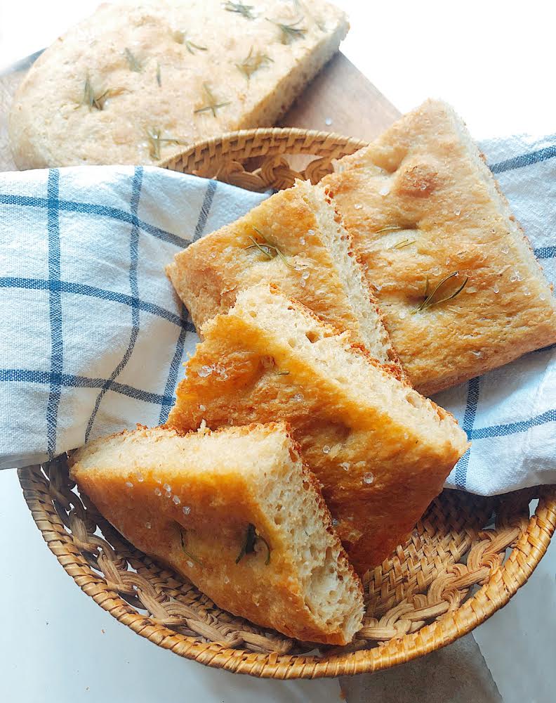 slices of focaccia bread in a basket