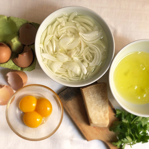 onions, eggs, parmesan cheese and parsley