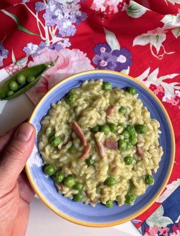 Hand holding a dish with risi e bisi (rice and peas) italian cooking tips