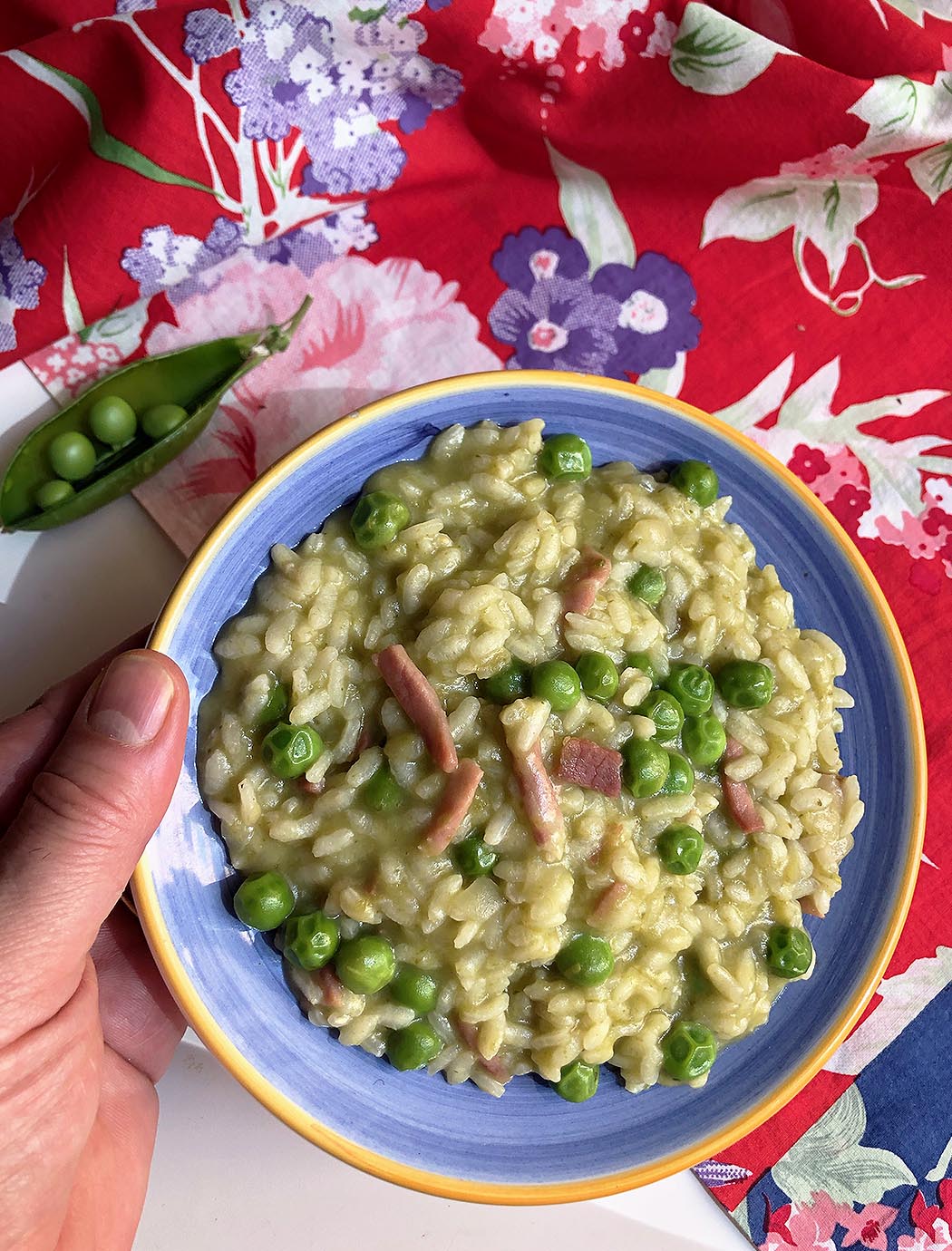 Hand holding a dish with risi e bisi (rice and peas) italian cooking tips