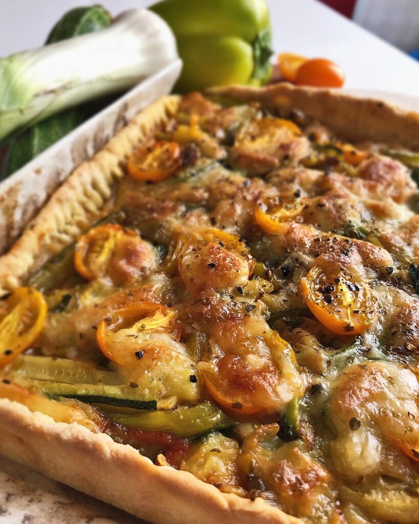 close up of the rustic vegetable tart just out of the oven