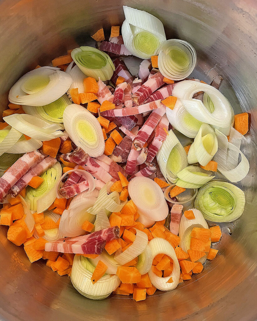 carrot, leek and pancetta sauteed