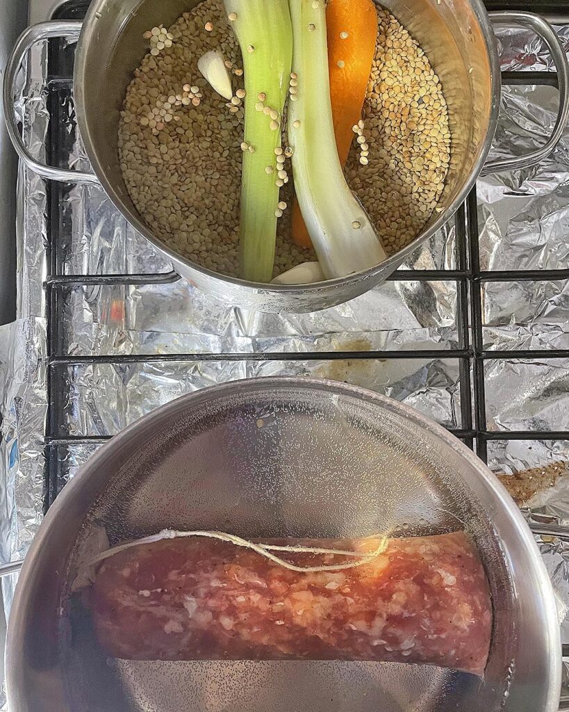 cotechino and lentils cookend in two different pans