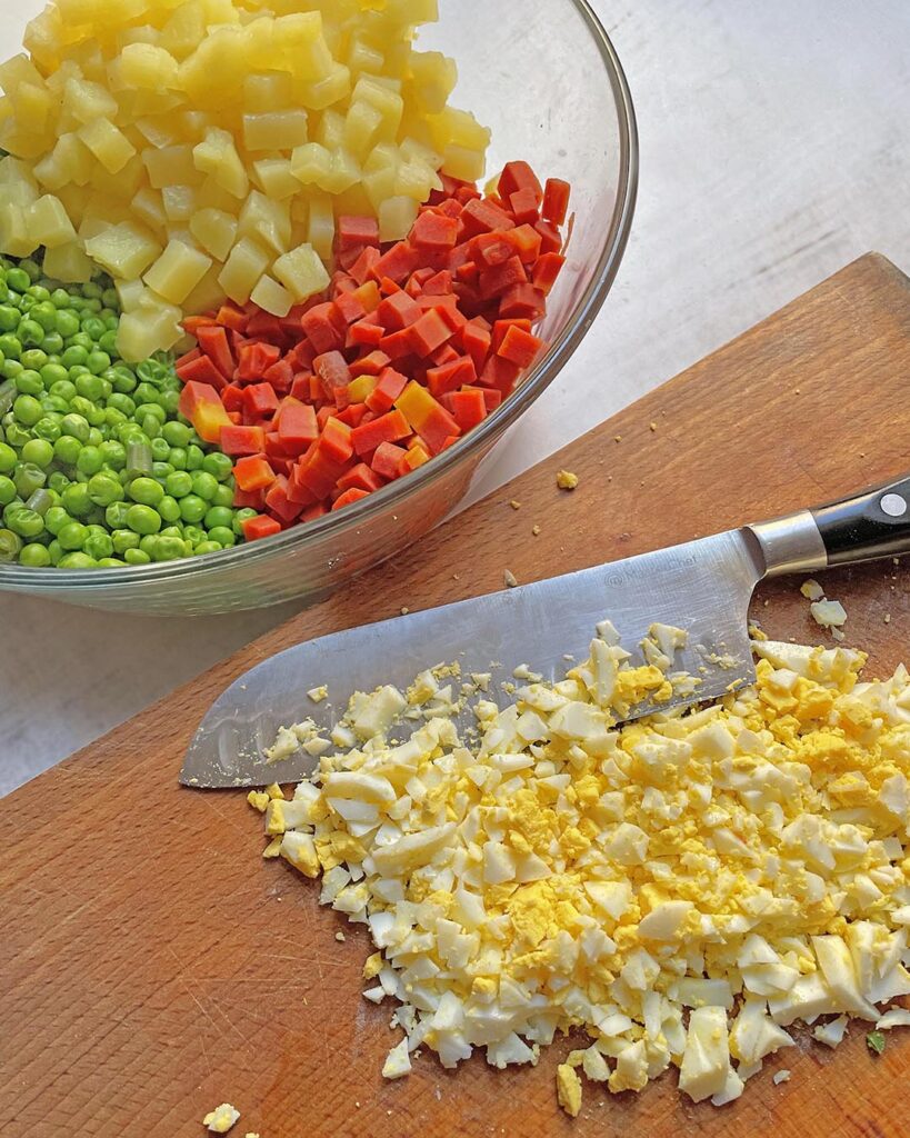 eggs and vegetables diced in little cubes