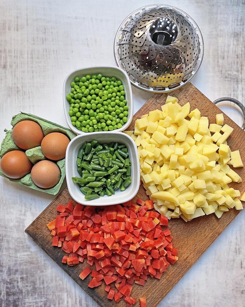 eggs and vegetables diced in little cubes