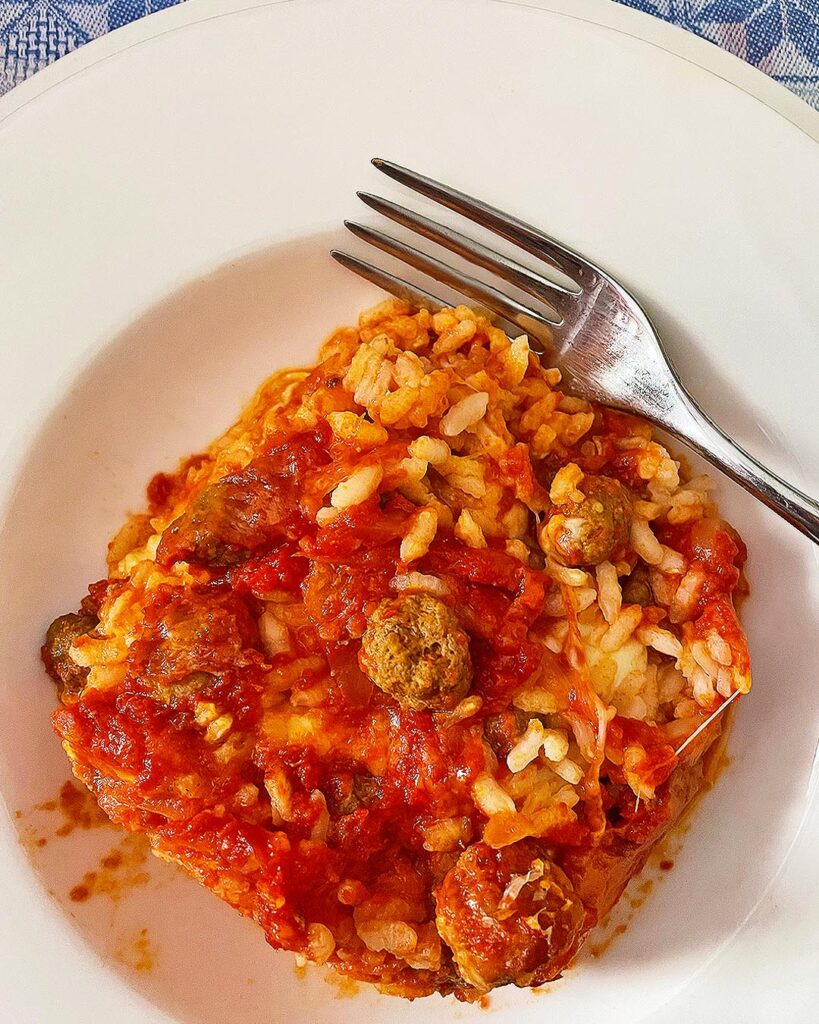 baked rice pie served on a white dish