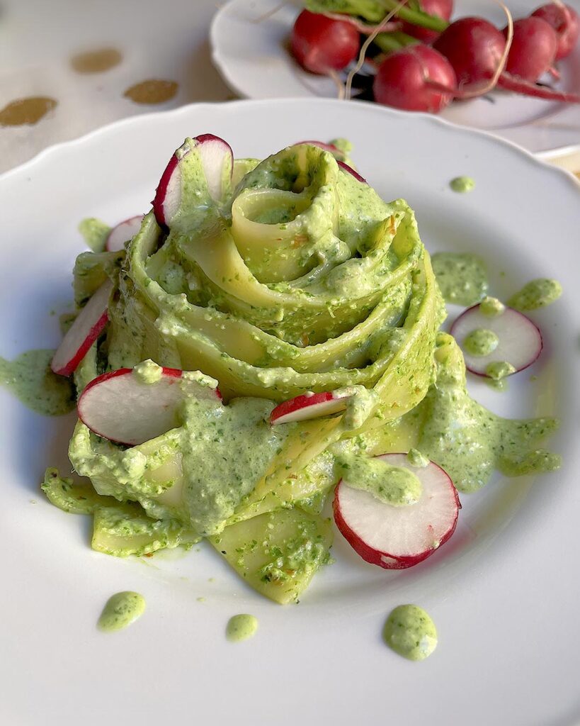 pappardelle with radish greens pesto