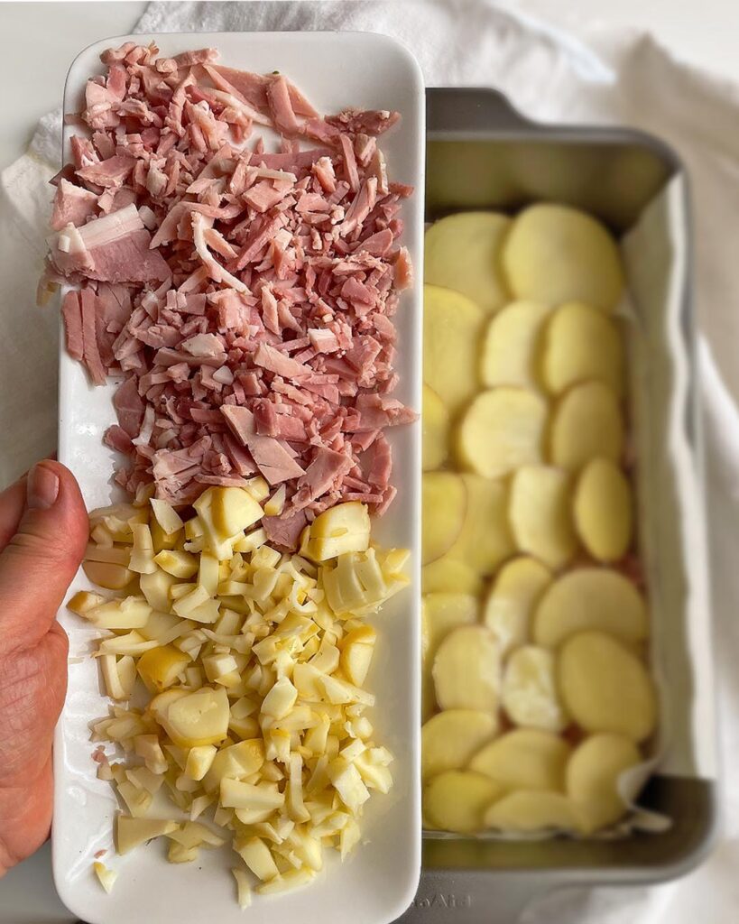 scamorza cheese and ham sliced in cubes and added to potato
