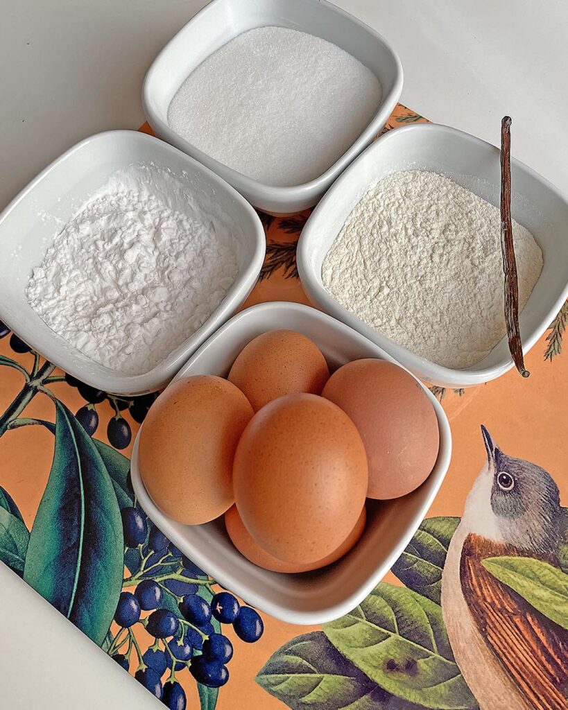 ingredients for Pan di Spagna: eggs, flour, potato starch, sugar and vanilla bean