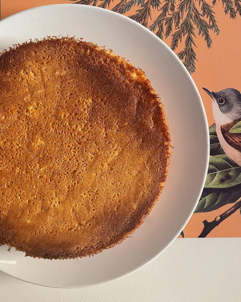 close up of pan di spagna served in a white dish