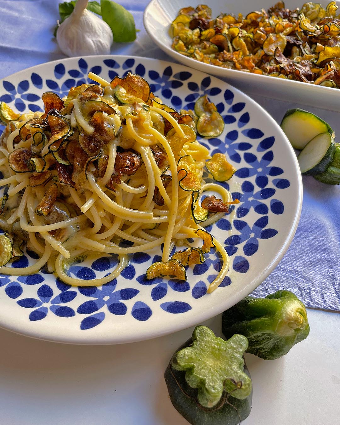 spaghetti alla nerano served on a dish